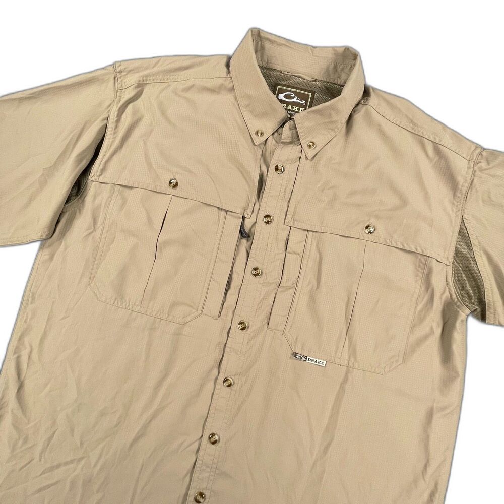 Drake Waterfowl Men L Tan Flyweight Wingshooter Vented Fish Shirt Hiking Outdoor